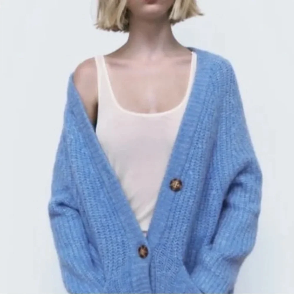Zara Cardigan Sweater Chunky Grandpa Alpaca Blend Blue Heather Size Medium